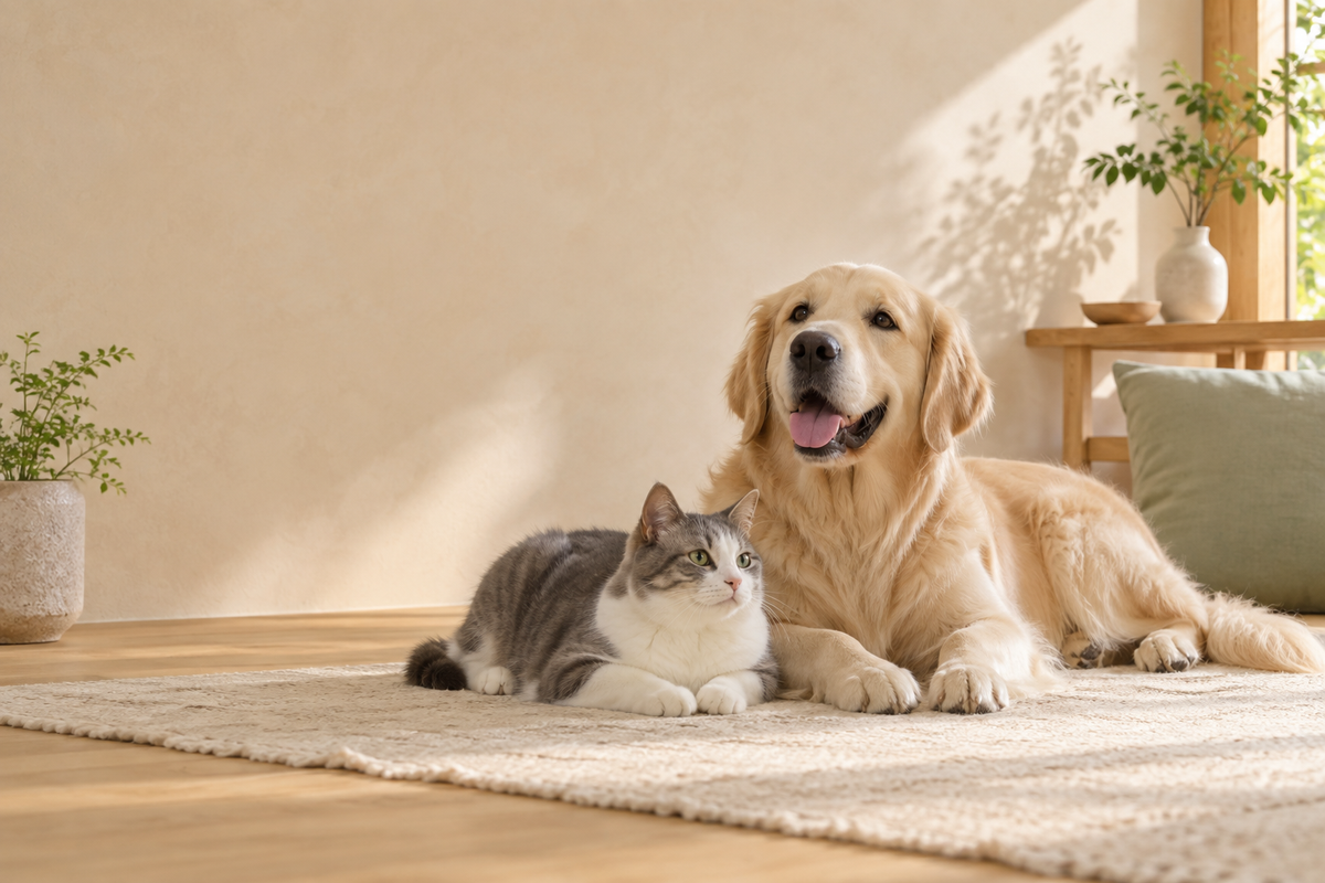 明るい室内で寄り添ってくつろぐ犬と猫。ELVON PETSのブランドイメージ。